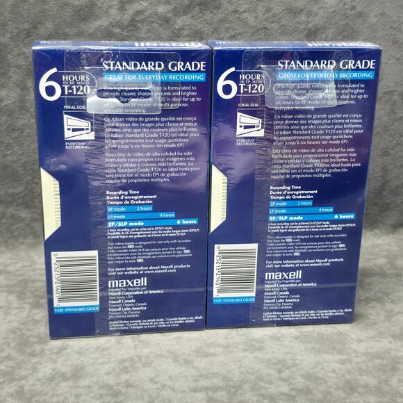 Maxell Video Cassette Standard Grade 6 Hours T-120 Blank VHS Tape 2 New Tapes - Picture 2 of 5